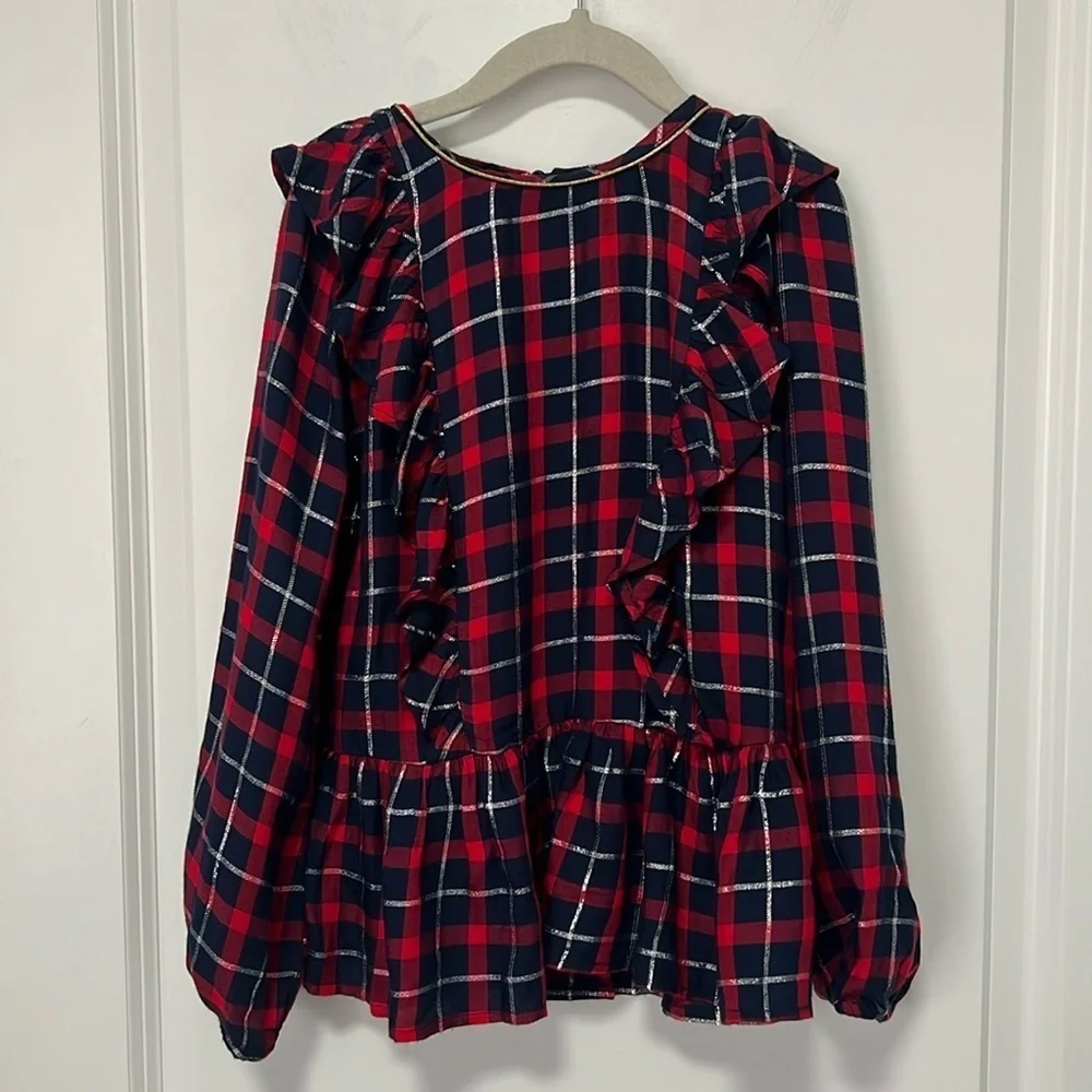OSHKOSH kids/girls plaid long Sleeve blouse with ruffles on the front size 8